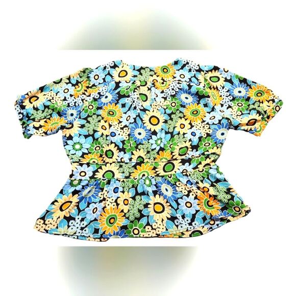 CAbi Happy Top 5900 Blouse Retro Short Sleeve Floral Button Peplum Green‎ Blue M - Picture 15 of 16